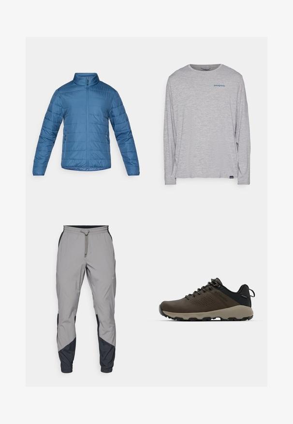 Blå isoleret jakke med standkrave, frontlynlås og sidelommer. Har syede vandrette linjer for tekstur.; Lysegrå langærmet T-shirt lavet af blødt, struktureret stof. Har rund hals og et lille blåt Patagonia-logo på brystet.; Lettere, grå atletiske bukser med sorte detaljer. Elastisk talje, snøre lukning, tapered ben-design og sidelommer.; Brune vandtætte sneakers med en tekstureret overflade, perforerede akcenter, sort hælunderstøttelse og en grå gummisål. Snørebåndene er udsmykket med metalender.