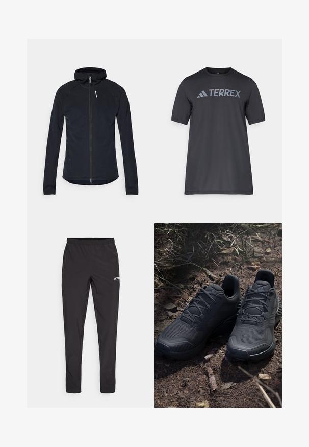 Sort zip-jakke med hætte, lavet af struktureret stof. Har lange ærmer og slim fit med en hvid lynlåstræk accent.; Sort kortærmet t-shirt lavet af let stof, med et lys gråt "TERREX" logo på tværs af brystet og rund halsudskæring.; Sorte træningsbukser med elastisk talje, to lynlåslommer på siden og et logo på den øverste højre lår. Glat, letvægtsmateriale.; Sorte atletiske sko med en struktureret strikket overdel, forstærket tå og polstret sål, præsenteret på jordnær grund med spredte grene.