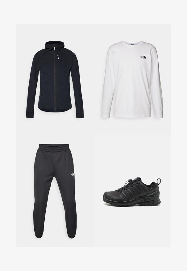 Sort zip-jakke med hætte, lavet af struktureret stof. Har lange ærmer og slim fit med en hvid lynlåstræk accent.; Hvid langærmet T-shirt lavet af bomuld med rund hals. Har et lille sort logo på brystet. Glat tekstur, almindelig pasform.; Sorte sweatpants med snor i livet, tætsiddende pasform, elastiske manchetter og et lille hvidt logo på venstre lår, lavet af glat stof.; Sort atletik sko med en struktureret syntetisk overdel, polstret sål og et hurtiglukkesystem. Har forstærket tå og hæl.