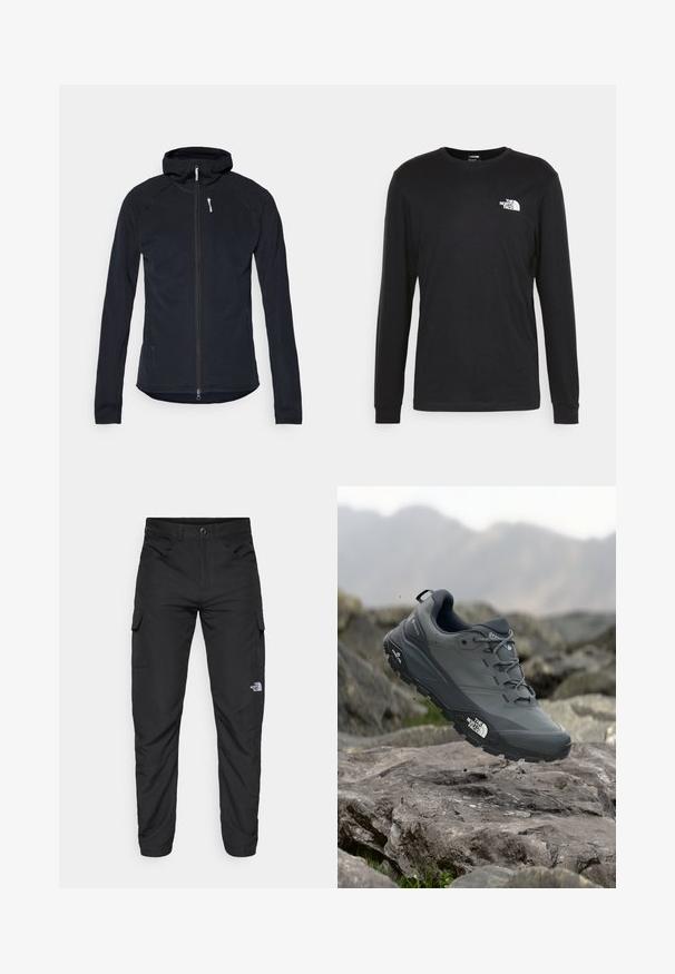 Μαύρο τζάκετ με φερμουάρ και κουκούλα, από υφασμάτινο υλικό με υφή. Διαθέτει μακριά μανίκια και εφαρμοστή γραμμή, με λευκό περιλαίμιο στο φερμουάρ.; Μαύρη μπλούζα με μακριά μανίκια από βαμβάκι, με λευκό λογότυπο στο αριστερό στήθος και ριμπ μανσέτες. Λείος υφασμάτινος χαρακτήρας με στρογγυλή λαιμόκοψη.; The North Face HORIZON PANT - Παντελόνι εξωτερικού χώρου - black; Γκρι αθλητικό παπούτσι τρεξίματος με υφή στην επάνω πλευρά, ανθεκτική καουτσούκ σόλα και ενισχυμένη μύτη. Περιλαμβάνει κορδόνια και λογότυπο της μάρκας στο πλάι.