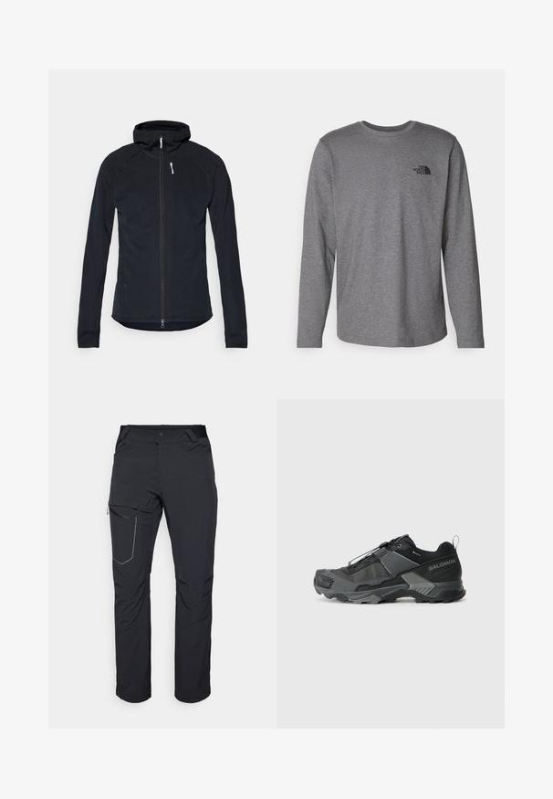 Sort zip-jakke med hætte, lavet af struktureret stof. Har lange ærmer og slim fit med en hvid lynlåstræk accent.; The North Face M L/S SIMPLE DOME TEE - Langærmet T-shirt - medium grey heather; Svarte udendørs bukser med en lynlåslomme på låret, elastisk talje og glat, vandafvisende stof. Rent design uden synlige logoer.; Sort trail løbesko med en holdbar mesh-overdel, forstærket tåhætte, tekstureret gummisål og elastisk snøresystem for sikker pasform.