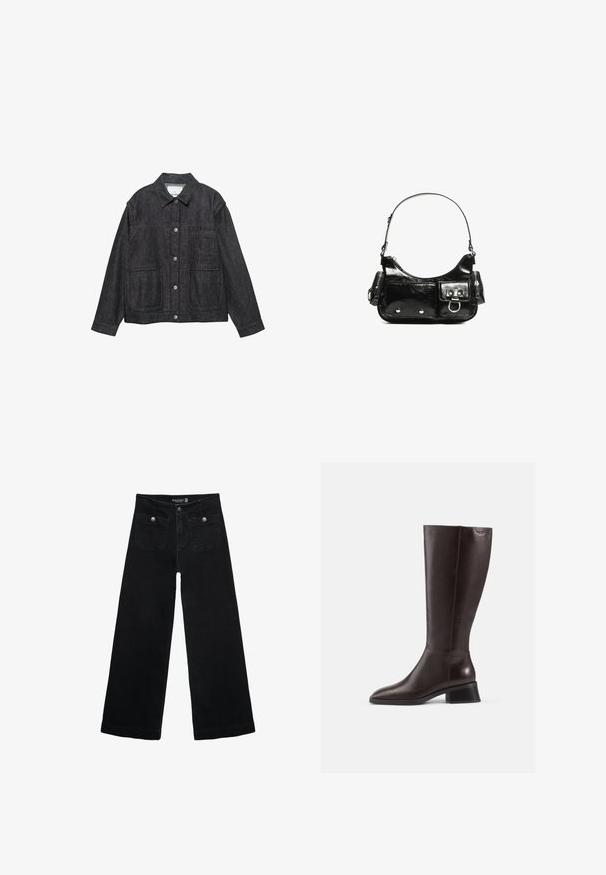 Dunkelblaue Jeansjacke mit Kragen, Knopfverschluss, zwei vorderen Taschen und langen Ärmeln. Glatte Textur und minimale Designdetails.; Schwarz-weiß gestreifte Langarmshirts mit Rundhalsausschnitten, weichem Stoff und einer taillierten Passform mit geraden Säumen.; Schwarze, weit geschnittene Jeans mit hoher Taille, die zwei Fronttaschen und metallene Knopfakzente aufweist. Der Stoff hat eine glatte Textur.; Knöchelhohe, braune Lederstiefel mit glatter Oberfläche, abgerundeter Spitze und gestapeltem schwarzen Absatz. Schlichtes Design mit minimalen Hardware-Details.; Schwarze Lackleder-Handtasche mit geschwungenem Design, einem Schulterriemen, Vordertaschen und silberfarbenen Hardware-Akzenten.