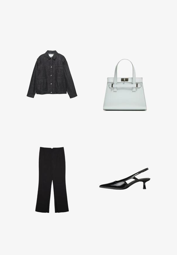 Tumma farkkutakki, jossa on kaulus, nappikiinnitys, kaksi etutaskua ja pitkät hihat. Sujuva pinta ja minimaalinen muotoilun yksityiskohtaisuus.; Musta hihaton paita, joka on valmistettu puuvillasta, ja jossa on pyöreä kaula-aukko sekä leveät kainaloaukot. Silkkinen pinta ja ommellut reunat. Klassinen, minimalistinen muotoilu.; Mustat housut suoralinjaisella leikkauksella, joissa on etutaskut ja sivurei'ät helman alla. Valmistettu pehmeästä ja sileästä kankaasta. Sopii eri tilaisuuksiin.; Mustat lakatut nahkakengät, joissa on viistopää, leikattu sivusuunnassa ja pieni neliökoroke. Sujuva pinta, jossa on minimaalinen koristelu.; Vaaleansininen käsilaukku, jossa on jämäkkä muotoilu, kaksi kahvaa ja hopeanvärinen kiinnitys. Pinta on teksturoitu ja kulmat terävät.