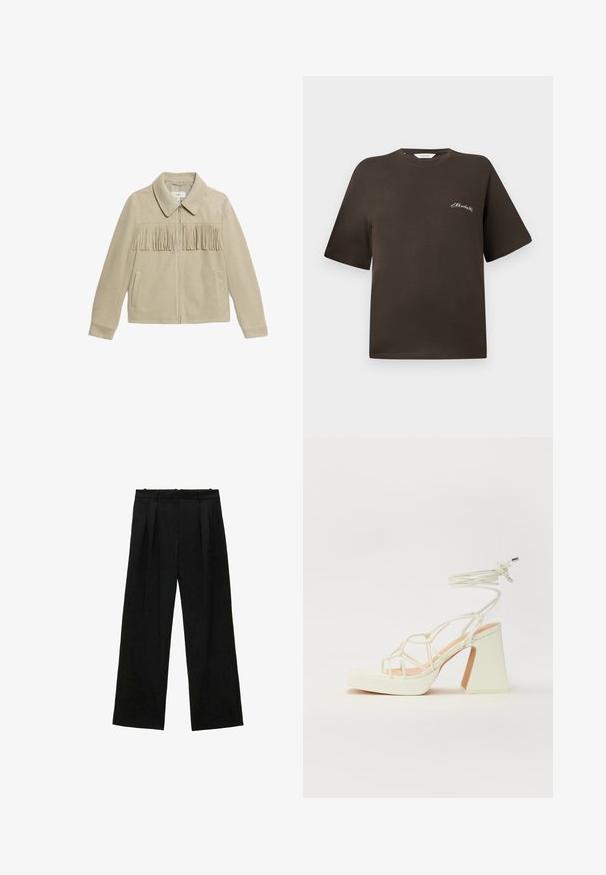 Karma béžová semišová bunda s límcem, předním zipem, dvěma bočními kapsami a třásněmi přes hrudník. Hladký povrch po celé ploše.; Hnědé bavlněné tričko s krátkým rukávem, volný střih, kulatý výstřih, s malým bílým vyšitým textem na levé straně hrudi.; Černé široké kalhoty s plisováním, s hladkou texturou a vysokým pasem. Minimalistický styl, žádné viditelné kovové prvky nebo ozdoby.; Bílé sandály na vysokém podpatku s robustním podpatkem, s designem s pásky a zavazováním kolem kotníku. Hladký povrch s platformou vpředu pro zvýšení výšky.