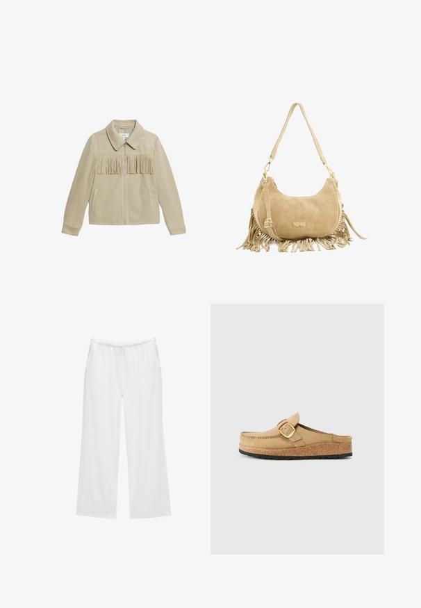 Beżowa suknia z zamszu z kołnierzem, zamkiem z przodu, dwoma kieszeniami po bokach i frędzlami na wysokości klatki piersiowej. Gładka faktura na całej powierzchni.; Jasno beżowa, krótko rękawowa koszulka z okrągłym dekoltem, wykonana z miękkiego, gładkiego materiału. Posiada luźny krój i prosty dół.; Białe szerokie spodnie z miękkiego materiału, z elastycznym pasem i sznurkiem do regulacji oraz dwiema bocznymi kieszeniami. Prosty i schludny design.; Beżowe klapki z szerokim paskiem i złotą klamrą, wykonane z miękkiego materiału, z korekową wkładką i teksturowaną czarną gumową podeszwą.; Beżowa torebka z zamszu z frędzlami, regulowanym paskiem na ramię i złotymi akcentami. Kompaktowy kształt półksiężyca o gładkiej teksturze.