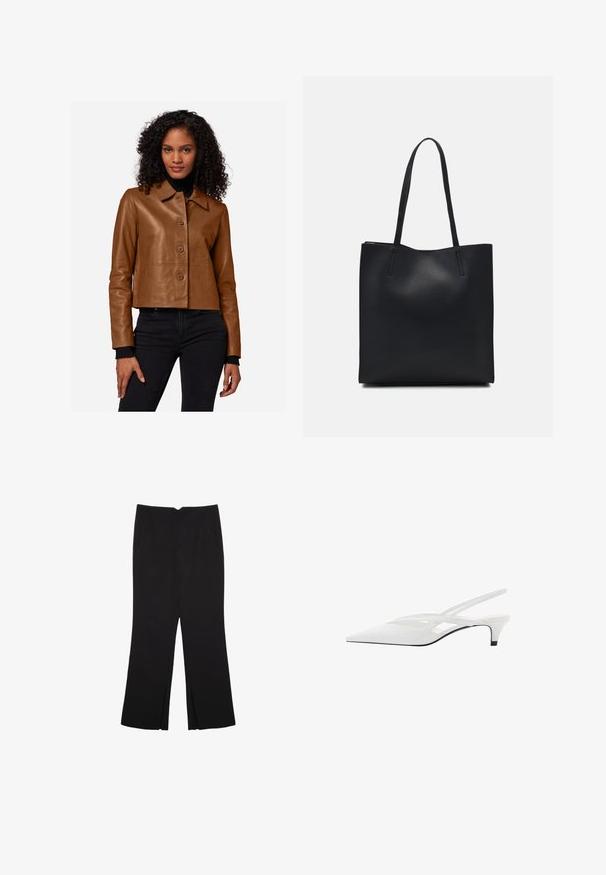 Braune Leder-Cropped-Jacke mit Knopfverschluss, weitem Kragen, langen Ärmeln und gerippten Manschetten. Das Model trägt schwarze Jeans.; Set aus zwei Langarmoberteilen in Weiß und Schwarz. Rippstruktur, Rundhalsausschnitt, figurbetontes Design mit leicht ausgestellten Ärmeln.; Schwarze Hose mit geradem Schnitt, ausgestattet mit Fronttaschen und Seitenschlitzen am Saum. Hergestellt aus weichem, glattem Stoff. Geeignet für verschiedene Anlässe.; Weißer Slingback-Absatzschuh mit spitzer Zehenpartie, featuring ein glattes Obermaterial, subtile Ausschnitte und einen niedrigen Blockabsatz. Die schwarze Sohle betont das Design.; Schwarze Laptoptasche aus Leder mit glatter Textur, rechteckiger Form und zwei langen Griffen. Keine sichtbaren Beschläge oder Verzierungen.