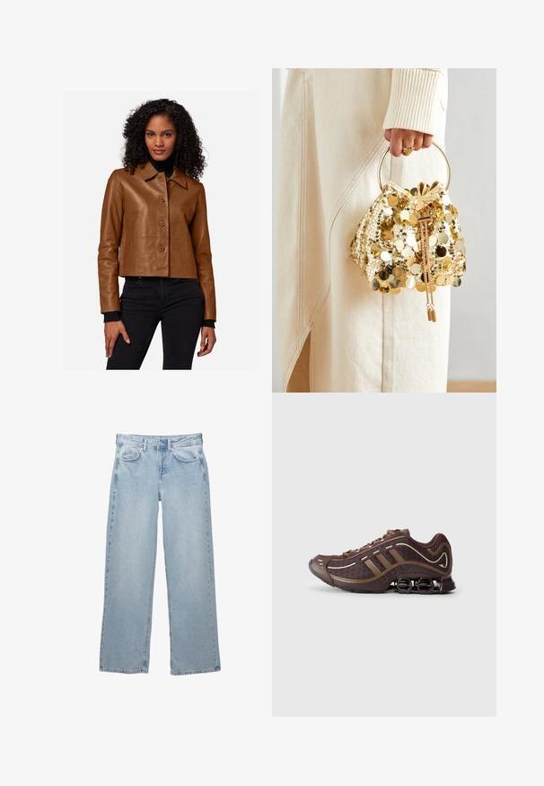 Brun læder cropped jakke med knaplukning, bred krave, lange ærmer og ribbede manchetter. Modellen bærer sorte jeans.; Sort langærmet top lavet af blødt stof, der har et drapert design med crossover-foran og bådudskæring. Glat tekstur, cropped længde.; Lys blå denim jeans med bred bendesign, med en knap- og lynlåslukning, fem lommer og minimale syninger.; Brun atletisk sko med mesh og syntetisk overdel, prydet med tre striber, detaljeret syning, polstret sål og karakteristisk fjederagtig hæl.; Guld paliettrækkevogn med et cirkulært håndtag, der har skinnende runde paljetter og et tekstureret stof. Dimensioner er ikke angivet.