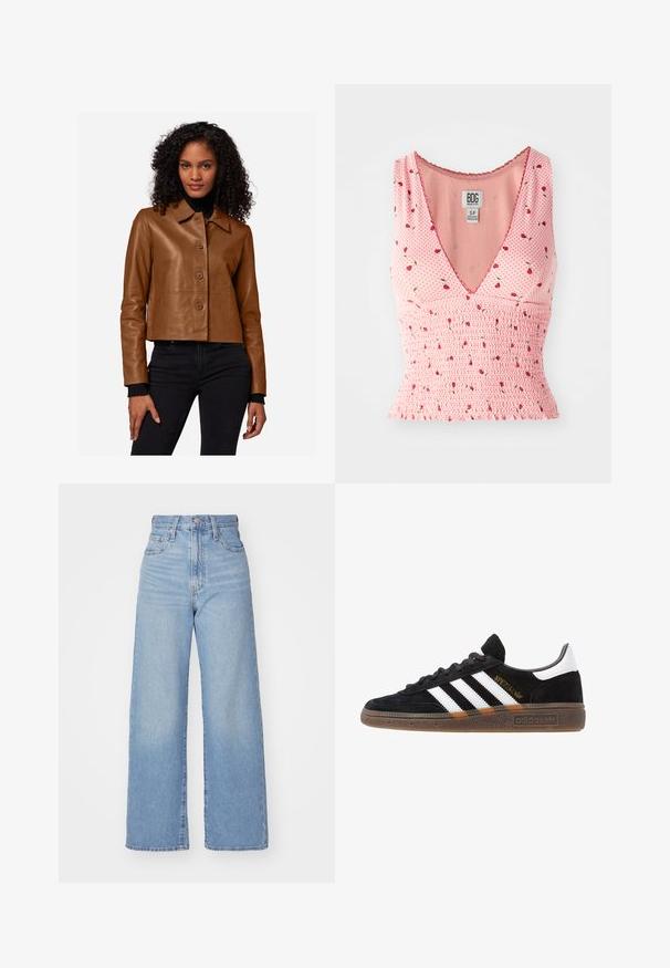 Bruine leren cropped jas met een knoopsluiting, brede kraag, lange mouwen en geribbelde manchetten. Model draagt een zwarte spijkerbroek.; Roze mouwloos topje met een V-hals, voorzien van gerimpelde details en een bloemenprint. Kleine rode bloemen zijn verspreid over een stippenachtergrond.; Lichtblauwe high-waist wijde jeans met een knoop- en ritssluiting aan de voorkant, voor- en achterzakken, op een witte achtergrond.; Zwarte Adidas sneaker met witte strepen, gouden "Spezial" tekst, gumzool en witte hieltab, weergegeven in zijaanzicht.