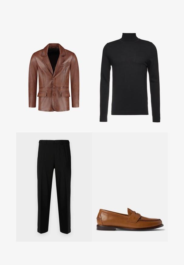 Bruine leren blazer met gesneden revers, drie knopen, twee zijzakken en een borstzak; gladde textuur en op maat gemaakt silhouet.; Zwarte coltrui gemaakt van zachte, ribbelige stof. Getailleerd ontwerp met lange mouwen en een hoge kraag. Minimalistische stijl, geen zichtbare patronen.; Zwarte broek van gladde stof, met een rechte snit, twee voorzakken en een ritssluiting met knoopsluiting.; Bruine leren instappers met een platte zool, ronde neus en decoratieve stiksels. Beschikt over een gestikt detail aan de bovenkant en een gladde afwerking.