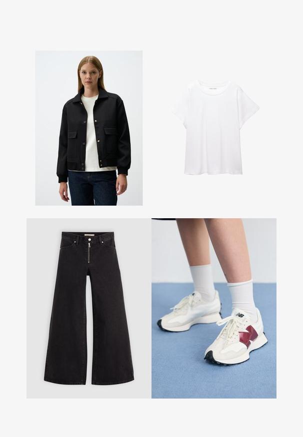 Zwarte bomberjack met een kraag, drukknoopsluiting, zijzakken, geribde manchetten en een gladde textuur. Gedragen over een witte t-shirt.; Witte T-shirt van zacht, lichtgewicht stof. Heeft een ronde halslijn en korte, brede mouwen met een ontspannen pasvorm. Geen zichtbare patronen.; Wijdvallende jeans van zwarte denim met een ritssluiting aan de voorkant, vijf zakken en subtiele stikdetails. Soepele textuur en casual stijl.; Een paar witte sneakers met bordeauxrode accenten, getextureerde panelen, een platte zwarte buitenzool en lichte veters, gedragen met witte enkelsokken.