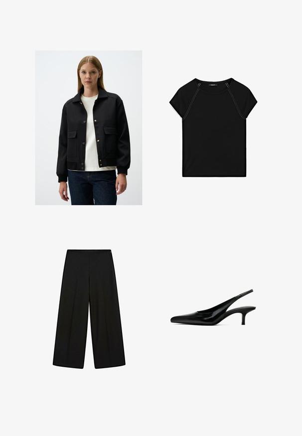 Czarna kurtka bomberka z kołnierzykiem, zatrzaskami, bocznymi kieszeniami, ściągaczami na mankietach i gładką teksturą. Noszona na białym t-shircie.; Czarny top z krótkim rękawem z okrągłym dekoltem i kontrastowym białym szyciem wzdłuż ramion i boków. Miękka, gładka tkanina.; Czarne, szerokie spodnie z miękkiego materiału, z wysokim stanem i plisami, o gładkiej fakturze i bez widocznych ozdób.; Czarne buty slingback z czubkiem w kształcie spiczastym, wykonane z błyszczącej skóry, z cienkim, niskim obcasem. Posiadają wycięcie po bokach dla lepszej wentylacji.