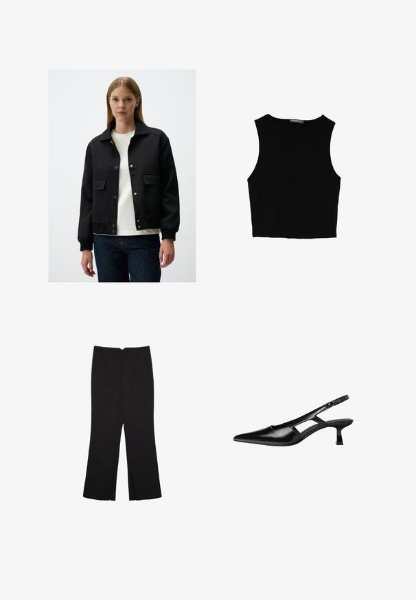 Black bomber jacket with a collared neckline, snap buttons, side pockets, ribbed cuffs, and a smooth texture. Worn over a white t-shirt.; Black sleeveless crop top made of smooth fabric, featuring a round neck and a clean, simple design without patterns or hardware.; Black trousers with a straight fit, featuring front pockets and side slits at the hem. Made of soft, smooth fabric. Suitable for various occasions.; Black patent leather slingback heels with a pointed toe, cut-out side design, and a small square heel. Smooth texture with minimal accents.