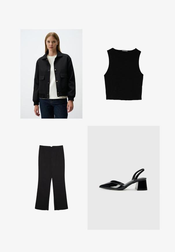 Zwarte bomberjack met een kraag, drukknoopsluiting, zijzakken, geribde manchetten en een gladde textuur. Gedragen over een witte t-shirt.; Zwarte mouwloze crop top van soepel materiaal, met een ronde hals en een schone, eenvoudige uitstraling zonder patronen of hardware.; Zwarte broek met een rechte pasvorm, voorzien van zijzakken en plooien aan de onderzijde. Gemaakt van zachte, gladde stof. Geschikt voor verschillende gelegenheden.; Zwarte gepatineerde leren slingback hakken met een spitse neus en een geometrische blokhak. Kenmerkt zich door een slank, minimalistisch ontwerp en een gladde textuur.