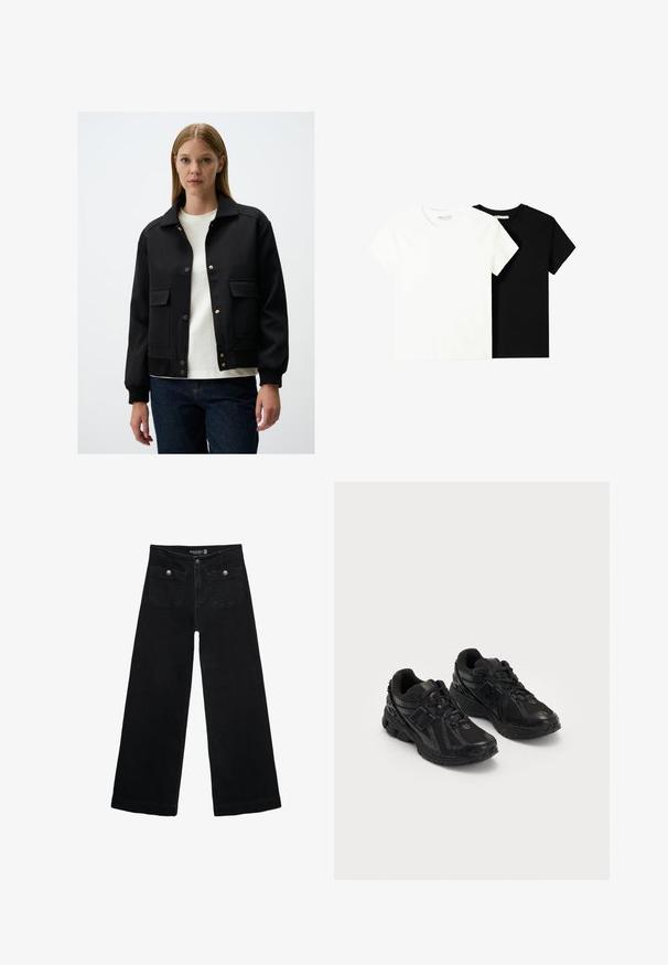 Czarna kurtka bomberka z kołnierzykiem, zatrzaskami, bocznymi kieszeniami, ściągaczami na mankietach i gładką teksturą. Noszona na białym t-shircie.; Dwa t-shirty z krótkim rękawem, jeden biały i jeden czarny, wykonane z bawełny. Oba mają okrągły dekolt i prosty, klasyczny design.; Czarne, szerokie dżinsy z wysokim stanem, z dwoma przednimi kieszeniami i metalowymi guzikami. Tkanina ma gładką fakturę.; Czarne buty sportowe wykonane z siateczki i materiałów syntetycznych. Posiadają amortyzowaną podeszwę, teksturowane wzory oraz wytłoczone logo po boku.