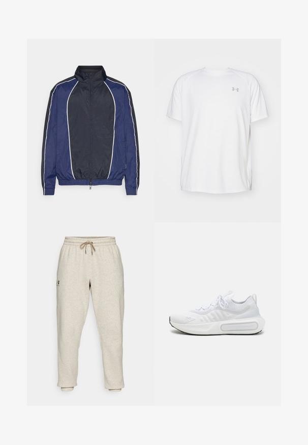 Granatowa kurtka przeciwwiatrowa z białymi zdobieniami, wysokim kołnierzem, zamkiem błyskawicznym z przodu i elastycznymi mankietami. Wykonana z gładkiego, lekkiego materiału.; Biała, krótko rękawowa koszulka sportowa wykonana z gładkiego materiału. Posiada okrągły dekolt oraz szare logo po lewej stronie klatki piersiowej, z bocznymi rozcięciami u dołu.; Beżowe dresy z miękkiego, teksturowanego materiału z elastycznym paskiem w talii i sznurkiem do regulacji. Posiadają boczne logo oraz zwężające się nogawki dla luźnego kroju.; Białe sportowe buty z teksturowanym, dzianinowym wierzchem, sznurowanym zapięciem, wyściełaną podeszwą i charakterystycznym detalem brandingowym po boku.