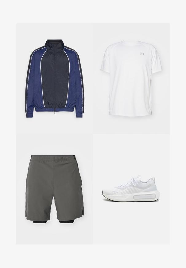 Jūras spēku vējjaka ar baltu apdari, augstu apkakli, priekšējo rāvējslēdzēju un elastīgām piedurknēm. Izgatavota no gludas, vieglas auduma.; Baltas īsajiem piedurknēm sporta krekls, izgatavots no gludas auduma. Tam ir apaļa kakla izgriezums un pelēks logo uz kreisās krūtis, kā arī sānu šķēlumi apakšmalā.; Pelēki sporta šorti ar gludu, vieglu audumu un elastīgu jostasvietu, kurām ir iekšējas kompresijas šorti un sānu kabatas.; Balti sporta apavi ar teksturētu adītu augšdaļu, saites slēgšanu, mīkstu zoli un izteiksmīgu zīmola detaļu sānos.