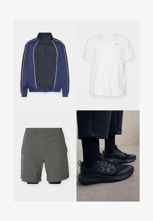 Marine vindjakke med hvite detaljer, høy krage, glidelås foran og elastiske mansjetter. Har et glatt, lett materiale.; Hvit treningstopp med korte ermer laget av glatt stoff. Har rund hals og grått logo på venstre bryst, med sidesplitter i kanten.; Grå treningsshorts med et glatt, lett stoff og elastisk midje, med indre kompresjonsshorts og sidelommer.; Person som har på seg svarte treningssneakers med teksturerte sider og logo, kombinert med svarte sokker og cropped bukser på et lyst gulv.
