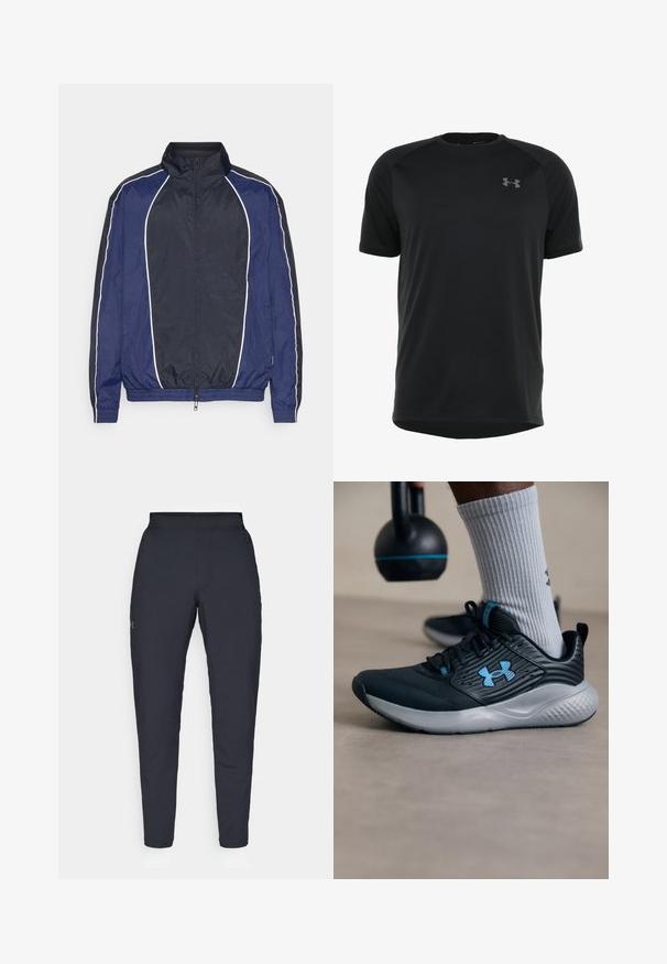 Marine vindjakke med hvite detaljer, høy krage, glidelås foran og elastiske mansjetter. Har et glatt, lett materiale.; Svart treningst-skjorte med korte ermer laget av glatt, lett stoff. Har rund halslinning og diskret logo på brystet.; Sorte treningbukser med glatt tekstur, smal passform, elastisk midjebånd og sidelommer. Har en liten logo på venstre lår.; Svarte idrettsko med blå detaljer, teksturert overdel og grå såle. Brukt med grå ribbestrikkede sokker, ved siden av en svart kettlebell.