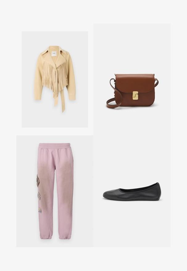 Nanushka TICIA - Übergangsjacke - creme; Weißes kurzärmliges T-Shirt aus geripptem Stoff. Runder Halsausschnitt, normale Passform und dezente Nähte. Keine Muster oder Grafiken.; Rosa Sweatpants mit elastischem Bund, verziert mit dekorativen Patches in Diamantform auf der linken Seite und elastischen Bündchen an den Knöcheln.; Schwarze Leder-Ballettschuhe mit abgerundeter Spitze, glatter Textur, minimalen Nähdetails und einem flexiblen Sohlen-Design.; Braune Ledertasche mit Klappenverschluss, Beschlägen in Goldfarbe, einem Schultergurt und einer glatten Oberfläche. Kompakte rechteckige Form.