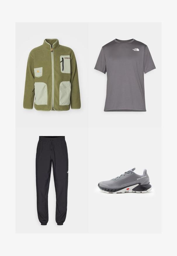 Icepeak YENTL oliwkowy; Szara, krótkim rękawem koszulka sportowa z gładkiego, lekkiego materiału. Posiada biały logo po lewej stronie klatki piersiowej. Okrągły dekolt.; Czarne spodenki sportowe wykonane z lekkiego materiału, z elastycznym pasem na sznurek, bocznymi kieszeniami i zwężanymi mankietami przy kostkach.; Szare buty biegowe z teksturowaną siateczką na wierzchu, czarna i biała gumowa podeszwa oraz czerwony akcent w okolicy pięty. Wyposażone w sznurowadła i wspierający design.