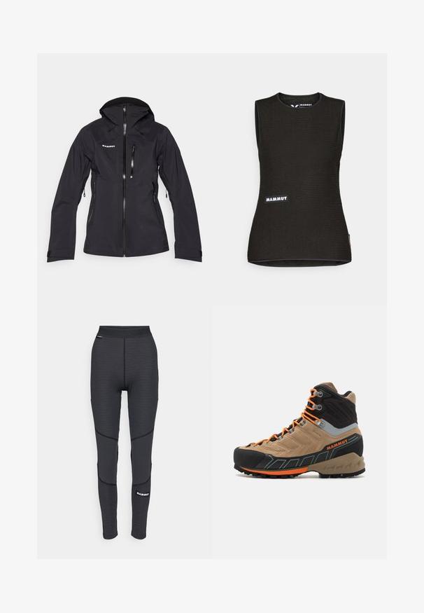 Giacca nera impermeabile con cappuccio aderente, chiusura frontale con zip e multiple tasche con zip. Texture liscia e polsini regolabili.; Canottiera nera senza maniche con un motivo texturizzato, caratterizzata da un colletto rotondo e un logo "MAMMUT" sul davanti. Realizzata in materiale traspirante.; Leggings sportivi neri con pannelli testurizzati e cuciture rinforzate, caratterizzati da un logo a marchio e un ampio elastico in vita.; Stivale da trekking alta in beige e nero con lacci arancioni, punta in gomma, tomaia testurizzata e suola robusta. Presenta supporto rinforzato per la caviglia.