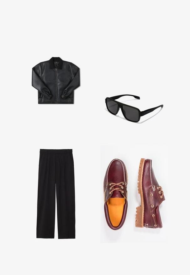 Veste en cuir noir avec une finition texturée, col en fourrure, fermeture éclair à l'avant et poignets à boutons. Comprend deux poches latérales et un motif en patch carré.; Débardeur en coton blanc avec un décolleté rond et de larges bretelles, associé à un pantalon beige clair avec un bouton et des plis.; Pantalons larges noirs avec un devant plissé, des poches latérales et une texture de tissu lisse. Conçus pour un ajustement décontracté.; Chaussures en cuir bourgogne avec semelles en caoutchouc marron, bout rond, couture blanche et œillets dorés. L'intérieur présente une doublure jaune.; Hawkers PARLAY - Lunettes de soleil - black; Deux foulards à motifs : l'un noir avec des motifs blancs, l'autre marron avec des accents orange. Les deux sont en satin et présentent des extrémités pointues.