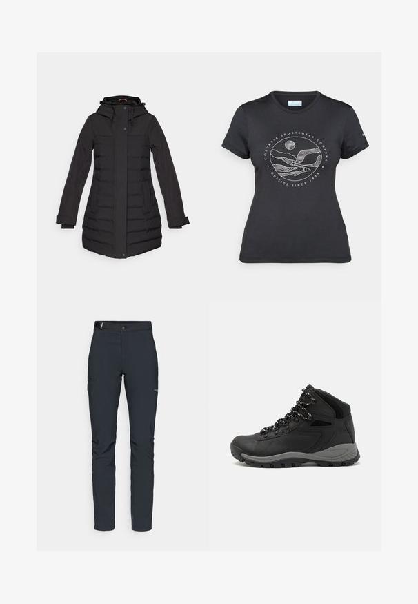 Zwarte pufferjas met een capuchon, rits- en knoopsluiting, zijzakken, geribbelde accenten en lange mouwen, ontworpen voor warmte.; Zwarte Columbia t-shirt met witte cirkelvormige lijntekening van bergen en een rivier en de tekst "Columbia Sportswear Company Outside Since 1938."; Heren buitenbroeken, donkergrijs, gemaakt van flexibel materiaal, met een riem, ritszakken en verstevigde stiksels.; Zwarte wandelschoen met een mid-top ontwerp, voorzien van een gestructureerde bovenkant, grijze accenten en een duurzame rubberen zool met gripnoppen.