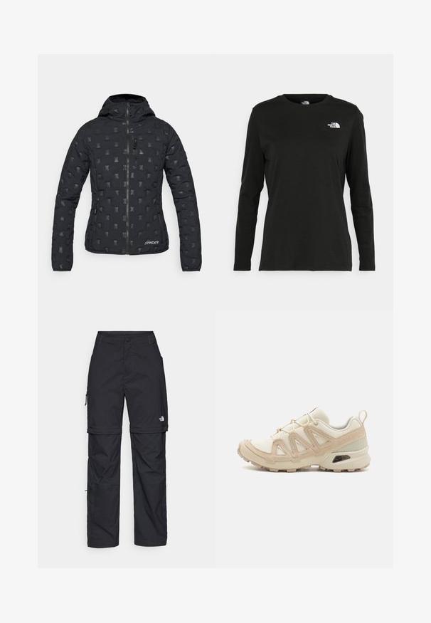 Svart isolerad jacka med ett texturerat mönster, dragkedjestängning och justerbar huva. Har två sidofickor med dragkedja och logotypdetalj.; Svart långärmad t-shirt i bomull med rund hals. Har en liten vit logotyp på vänster bröstområde. Enkelt design och passform.; Svarta nylonbyxor med avtagbara ben, justerbara muddar, flera fickor och en logotyp på högra benet. Slät, lätt textur.; Beige och krämfärgad atletisk sko med texturerad meshovandel, stöttande överdrag och gummisulor med ett mönster för grepp.