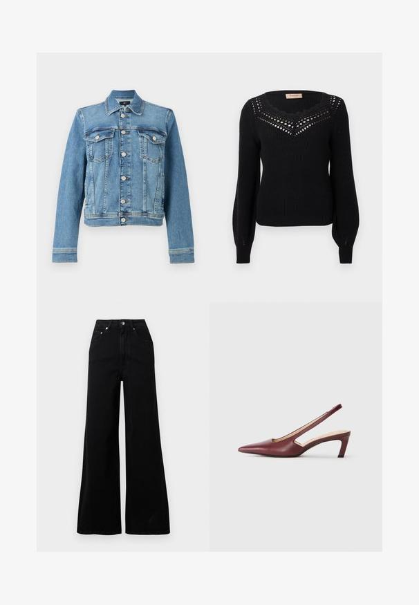 Blauwe denimjas met een klassieke snit, met twee borstzakken, een knoopsluiting aan de voorkant en een iets verkorte zoom. Textuurstof met stiksels.; Zwarte trui met een geribbelde textuur, een getande halslijn en opengewerkt detail op de borst. Lange mouwen en een getailleerde taille.; Zwarte jeans met wijde pijpen van denim, voorzien van een hoge taille, vijf zakken, een knoopsluiting aan de voorkant en minimale stikseldetails.; Bordeaux slingback hakken met een spitse neus, uitsparingen aan de zijkant en een middellange blokhak. Glad leren afwerking.