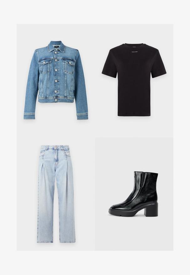 Niebieska dżinsowa kurtka o klasycznym kroju, z dwoma kieszeniami na piersi, z zapięciem na guziki i lekko skróconym dołem. Teksturowany materiał z detalami przeszycia.; Czarny t-shirt bawełniany z krótkimi rękawami, okrągłym dekoltem i małym białym logo "Calvin Klein" na piersi. Gładka struktura, klasyczny krój.; Jasnoniebieskie dżinsy z wysokim stanem, szerokimi nogawkami, dwoma bocznymi kieszeniami oraz plisowanym wzorem. Miękka tekstura z wyblakłym wykończeniem.; Czarne lakierowane botki za kostkę z zaokrąglonym noskiem, elastycznymi panelami bocznymi i masywnym obcasem blokowym. Posiadają wytłoczone logo z tyłu.