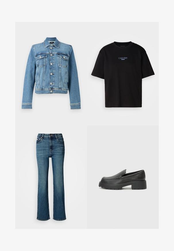 Kék farmerdzseki klasszikus szabással, két mellzsebbel, gombos elülső résszel és enyhén lerövidített hemmeddel. Texturált anyag, varrási részletekkel.; Fekete pamut póló kerek nyakkal, rövid ujjú, elöl kék hímzett "Calvin Klein JEANS" logóval.; Magas derekú kék farmernadrág, egyenes szárú dizájnnal, enyhe kopással és normál gombos-zipzáros záródással.; Fekete bőr loafer cipők kerek orral, vastag, texturált talppal és minimális varrási részletekkel. Áramvonalas dizájn, látható fűzők vagy fém részek nélkül.