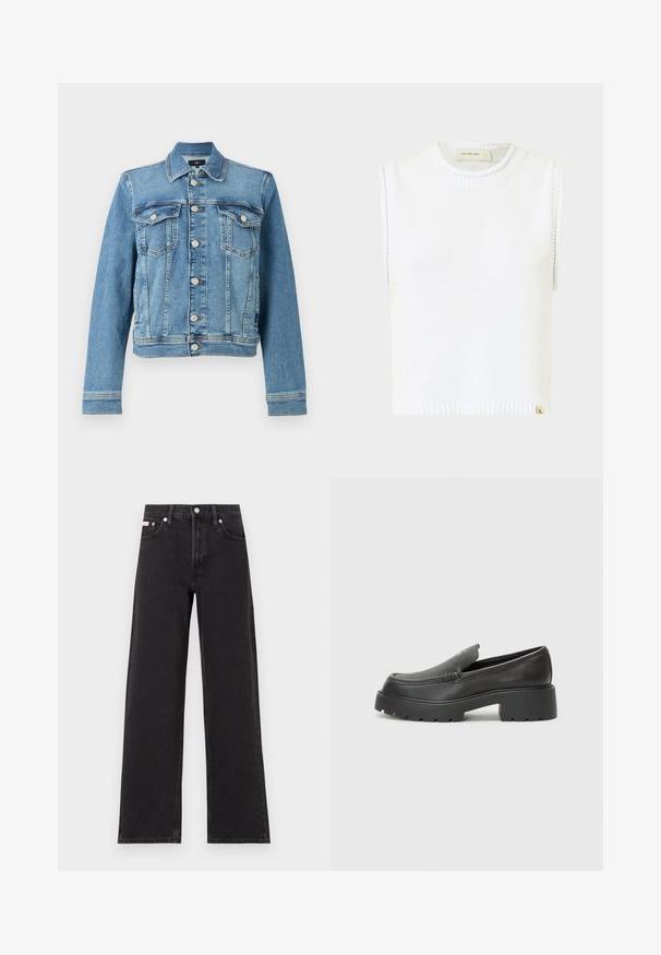 Blå denimjakke med klassisk snit, der har to brystlommer, knaplukning foran og en let cropped kant. Tekstureret stof med syninger.; Hvid ærmeløs striktop med rund halsudskæring, ribbet kant og detaljer med side-syninger; har et lille mærke nederst.; Sorte vidde jeans lavet af denim, med høj talje, fem-lomme stil og en metalknap lukning med kontrasterende syninger.; Sorte læder loafers med rund tå, tyk tekstureret sål og minimale syninger. Elegant design uden synlige snørebånd eller hardware.