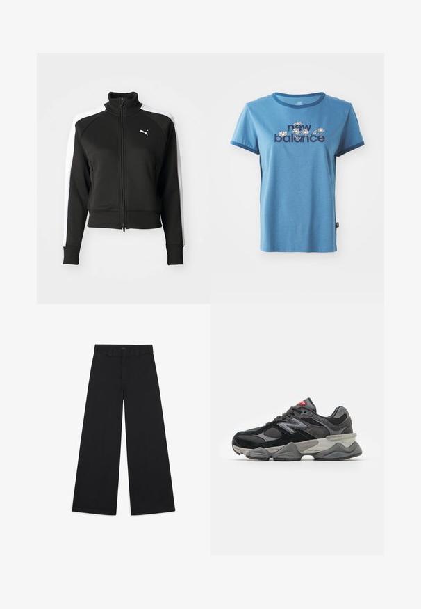 Veste zippée noire avec col haut, présentant des accents de panneaux latéraux blancs et un petit logo blanc sur la poitrine. Poignets et ourlet côtelés.; T-shirt en coton bleu à manches courtes, avec des bordures marines, arborant le texte "new balance" et des motifs floraux en blanc et jaune sur le devant.; Pantalons noirs à jambe large en tissu tissé doux. Caractéristiques : plis pressés, passants de ceinture et finition soignée et ajustée.; Baskets noires et grises avec un mélange de matériaux en daim et en maille, semelle épaisse, logo proéminent et accent rouge sur la languette.