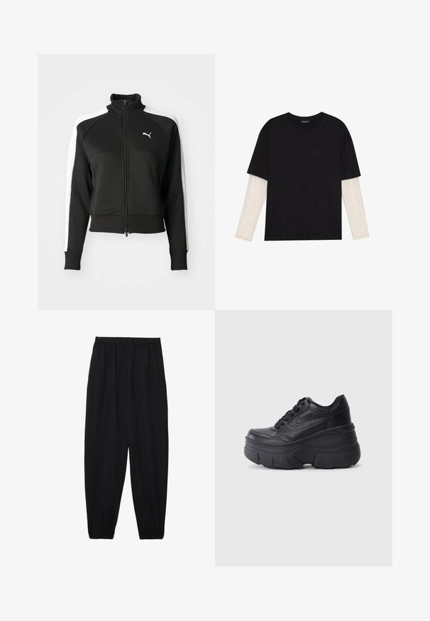 Black zip-up jacket with high collar, featuring white side panel accents and a small white logo on the chest. Ribbed cuffs and hem.; Black T-shirt made of cotton, featuring short sleeves over a white long-sleeve layer with a subtle textured pattern. Crew neckline design.; Black, lightweight pants with an elastic waistband and gathered ankles. The fabric is smooth and features a relaxed, tapered design.; Black lace-up sneakers with a chunky sole, featuring smooth leather upper, rounded toe, and distinct layered platform design.
