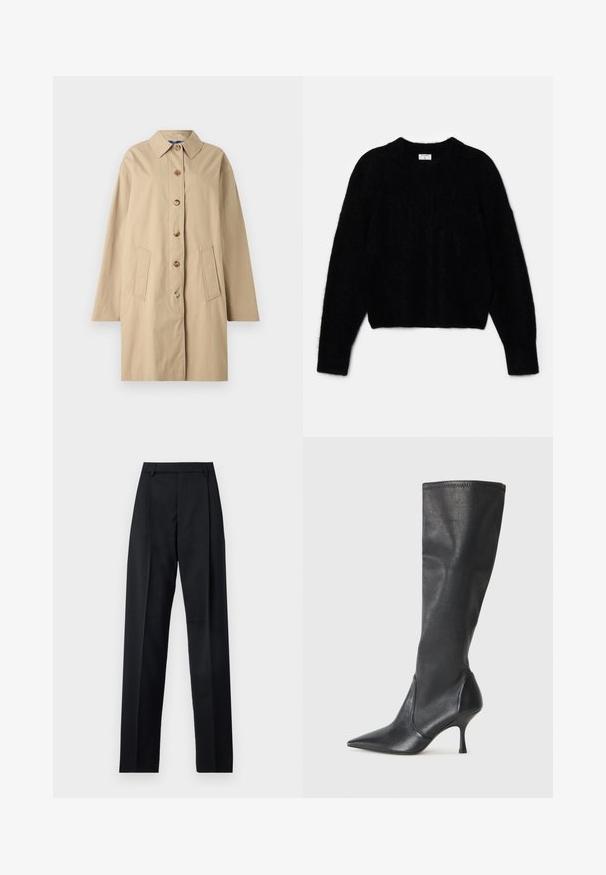 Beige Baumwollmantel mit kragenförmigem Ausschnitt, sechs Knöpfen zum Schließen, zwei vorderen Taschen und einer lockeren Silhouette. Glatte Textur mit minimalen Details.; Schwarzer, kurzer Pullover aus plüschigem Material. Mit einem runden Ausschnitt und langen Ärmeln mit einer weichen Textur. Minimalistisches Design, keine Muster.; Schwarze Hosen aus glattem Stoff mit hoher Taille, weitem Bein, vorderen Falten und klassischen Gürtelschlaufen. Keine sichtbaren Seitentaschen.; Knöchelhoche schwarze Lederstiefel mit einer spitzen Zehe und einem schlanken Stiletto-Blockabsatz. Glatte Textur mit einer enganliegenden Passform und Nähten am oberen Rand.