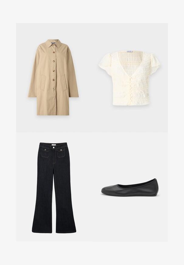 Béžový bavlněný kabát s límečkem, šesti knoflíkovým zapínáním, dvěma předními kapsami a volnějším střihem. Hladký povrch s minimálními detaily.; Krémový top s krátkým rukávem a smockovanou texturou, s výstřihem do V a zapínáním na knoflík. Lehký materiál s jemně nabíranými rukávy.; Rozšířené tmavé džínsy s vysokým pasem, dvěma předními kapsami a oranžovým prošíváním. Materiál se jeví jako pevný a hladký.; Černé kožené baletní byty s kulatou špičkou, hladkou texturou, minimálními švy a flexibilním designem podrážky.