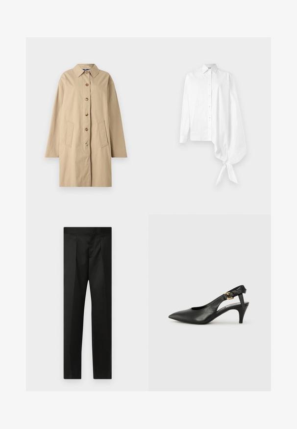 Abrigo de algodón beige con cuello, cierre de seis botones, dos bolsillos frontales y una silueta holgada. Textura suave con minimalismo en los detalles.; Camisa blanca de manga larga con botones, presenta una manga asimétrica de gran tamaño con fruncidos atada en la muñeca del lado derecho.; Pantalones negros con una tela suave, diseño ajustado, piernas rectas y una cinturilla plana sin cierres ni bolsillos visibles.; Zapato de tacón destalonado de cuero negro con punta afilada, tacón pequeño y detalle de hebilla en la correa del tobillo. Textura suave, diseño minimalista.