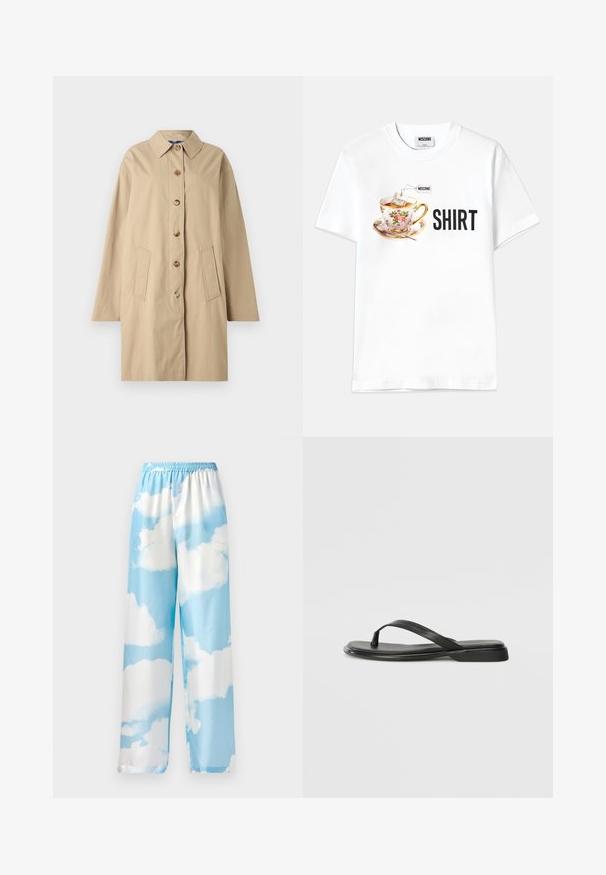 Abrigo de algodón beige con cuello, cierre de seis botones, dos bolsillos frontales y una silueta holgada. Textura suave con minimalismo en los detalles.; Camiseta blanca de algodón con un gráfico de una taza de flores con una bolsita de té y la palabra "SHIRT" en letras negras en negrita.; Pantalones de color azul cielo con un patrón de nubes, hechos de una tela suave, con una cinturilla elástica y piernas anchas. Sin bolsillos visibles ni herrajes.; Chancla negra de piel suave, con un diseño de tira delgada y una suela plana de perfil mínimo. Sin patrones ni acentos notables.