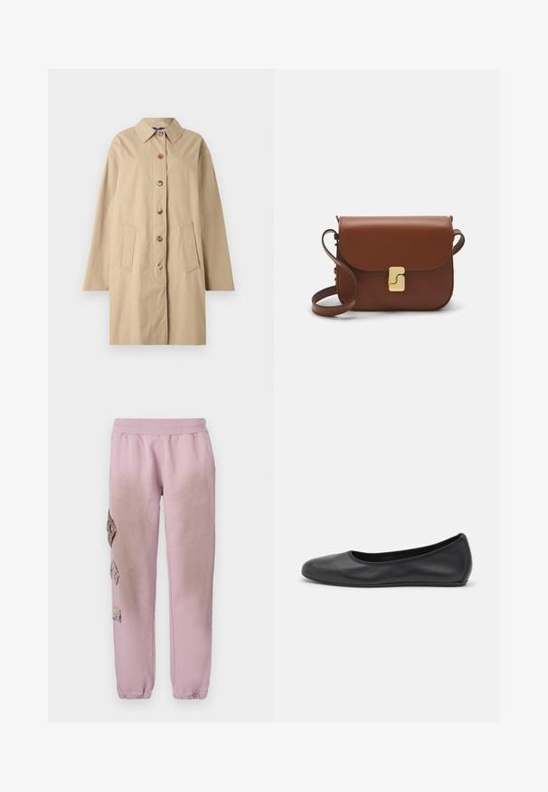 Beige Baumwollmantel mit kragenförmigem Ausschnitt, sechs Knöpfen zum Schließen, zwei vorderen Taschen und einer lockeren Silhouette. Glatte Textur mit minimalen Details.; Weißes kurzärmliges T-Shirt aus geripptem Stoff. Runder Halsausschnitt, normale Passform und dezente Nähte. Keine Muster oder Grafiken.; Rosa Sweatpants mit elastischem Bund, verziert mit dekorativen Patches in Diamantform auf der linken Seite und elastischen Bündchen an den Knöcheln.; Schwarze Leder-Ballettschuhe mit abgerundeter Spitze, glatter Textur, minimalen Nähdetails und einem flexiblen Sohlen-Design.; Braune Ledertasche mit Klappenverschluss, Beschlägen in Goldfarbe, einem Schultergurt und einer glatten Oberfläche. Kompakte rechteckige Form.
