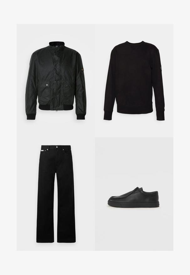 Zwarte bomberjack van gestructureerde stof met een hoge kraag, drukknoopsluiting aan de voorkant, twee voorkruisen en ribgebreide manchetten.; Zwarte crewneck sweatshirt van katoen. Voorzien van ribbels aan de cuffs en onderkant, met een klein logopatch op de linker mouw. Vlakke, gladde oppervlakte.; Zwarte spijkerbroek met een wijd uitlopende pasvorm, voorzien van vijf zakken en metallic knopen. Gladde textuur, geen zichtbare patronen.; Zwarte leren instapschoen met een ronde neus, gestikte details en een zwarte rubberen zool. Soepele textuur met een minimalistisch ontwerp.
