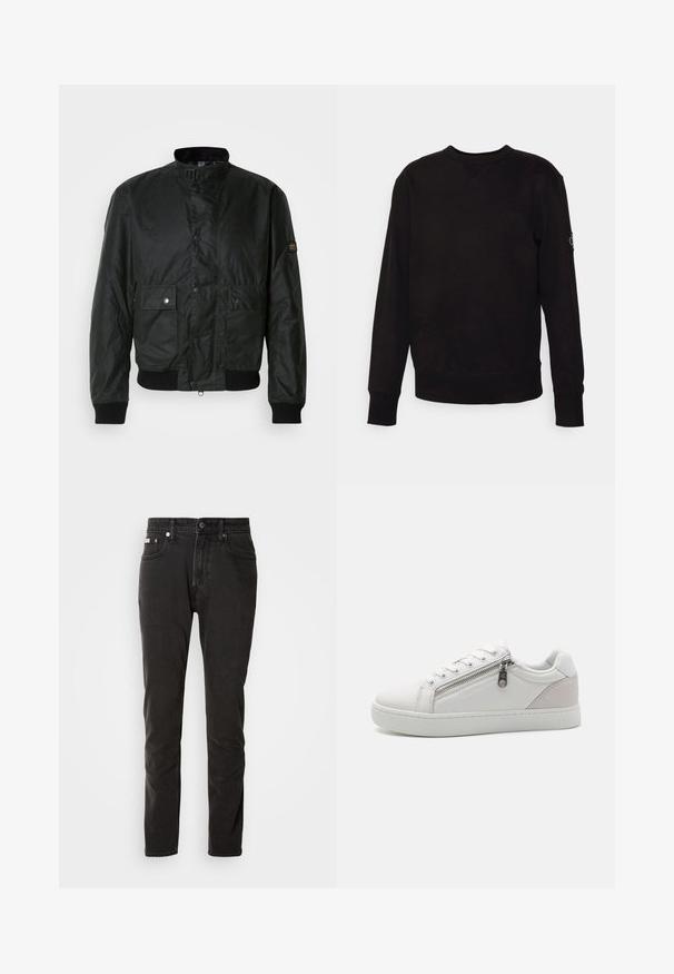 Czarna kurtka bombowiec wykonana z teksturowanej tkaniny, z wysokim kołnierzem, z przodu zapinana na napy, z dwoma przednimi kieszeniami i ściągaczami przy mankietach.; Czarny sweter z okrągłym dekoltem wykonany z bawełny. Posiada ściągacze przy mankietach i u dołu, z małą naszywką z logo na lewym rękawie. Płaska, gładka powierzchnia.; Czarne dżinsy o prostym kroju, pięć kieszeni, zapięcie na guzik i subtelne kontrastowe detale w przeszyciach.; Białe sneakersy z gładkiej skóry, z kontrastującym beżowym zamszem na pięcie oraz zamek błyskawiczny po boku.