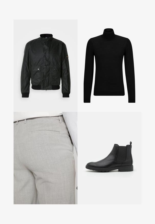 Must mustsinik, valmistatud tekstuursest kangast, kõrge kraega, ees klipsnuppe, kaks esikotti ja soonikkoes mansetid.; Musthave muströid ja pehmest materjalist must turtleneck, millel on pikad varrukad ja tihe istuvus. Ribaga ääris allservas ja vöökohal. Lihtne disain.; Heledat hallid kohandatud püksid tekstuurse kangaga, millel on üks tagatasku ja puhas õmblus.; Mustat nahast Chelsea saapad elastsete külgpaneelide ja tõmbeotsaga, ümarate varvaste ja tekstuurse kummitaldiga.