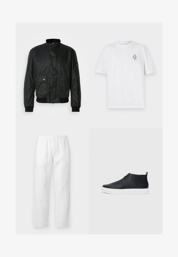 Black bomber jacket made of textured fabric with a high collar, front snap buttons, two front pockets, and ribbed cuffs.; White cotton t-shirt with a relaxed fit, featuring a small black graphic logo on the left chest area. Short sleeves, crew neck style.; White linen pants featuring an elastic waistband, straight-leg fit, and soft texture with no visible patterns or hardware details.; Black leather high-top sneakers with a smooth finish, white rubber sole, and simple lace-up design. Features a pull tab at the back.