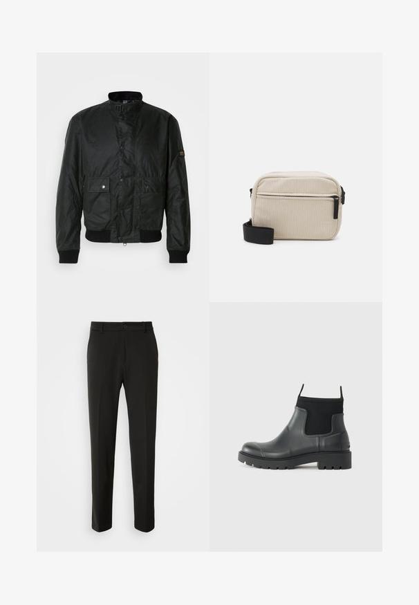 Czarna kurtka bombowiec wykonana z teksturowanej tkaniny, z wysokim kołnierzem, z przodu zapinana na napy, z dwoma przednimi kieszeniami i ściągaczami przy mankietach.; Czarna koszulka polo wykonana z bawełny, z lekkim naciągiem, z białym kołnierzykiem i wykończeniami rękawów oraz małym logo na piersi.; Czarne spodnie z gładkiego materiału, z prostymi nogawkami, z zapięciem na guzik i klasycznym wzornictwem, odpowiednie zarówno na formalne, jak i codzienne okazje.; Czarne botki za kostkę wykonane z gumy o matowym wykończeniu, charakteryzujące się eleganckim designem, elastycznymi panelami oraz grubą podeszwą dla lepszej przyczepności.; Kremowa torebka typu crossbody z korduru z czarnym zamkiem błyskawicznym, odpinanym paskiem oraz fakturowanym wzorem. Posiada jedną główną komorę oraz przednią kieszeń.