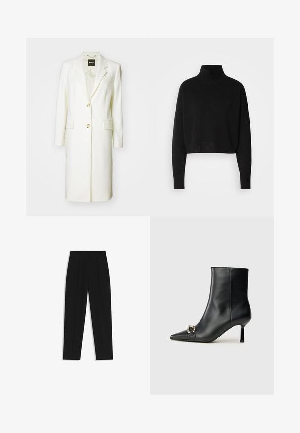 BOSS CATARA - Cappotto classico - open white; Maglione corto nero, colletto a rapa a coste, maniche lunghe, texture in maglia, con un piccolo logo sul petto.; Pantaloni neri a taglio dritto, con doppie pieghe, una texture liscia e un design classico in vita. Nessun hardware o dettaglio visibile.; Stivale alla caviglia in pelle nera con punta affusolata, tacco sottile di media altezza e dettaglio in fibbia argentata sul lato, su sfondo semplice.
