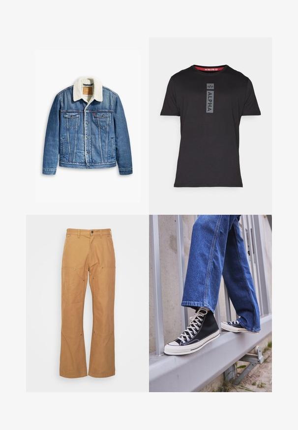 Giacca di jeans di colore azzurro chiaro, con colletto imbottito in shearling, due tasche sul petto, fronte con chiusura a bottoni e cuciture a contrasto.; T-shirt nera a maniche corte realizzata in tessuto morbido, con un logo verticale "ALPHA" grigio sul davanti, e un accento rosso sul colletto.; Pantaloni cargo marroni realizzati in tessuto resistente, con tasche laterali, dettagli in metallo, gamba dritta e vita regolare.; Scarpe da ginnastica nere alte con suola e lacci bianchi, abbinate a jeans di denim blu larghi, appoggiate su un parapetto grigio.