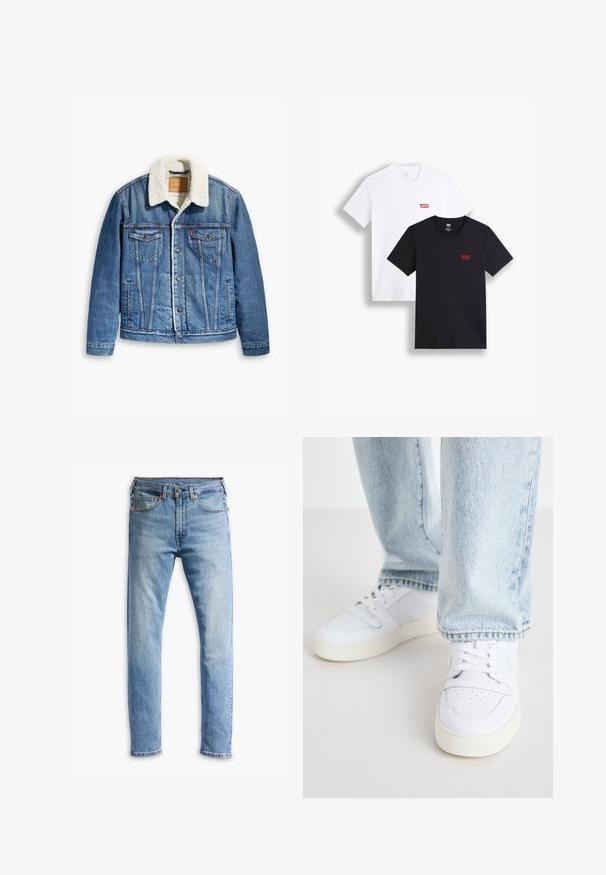 Denimjakke i en lys blå farve, med shearling-foret krave, to brystlommer, lukning med knapper foran og kontrastsyninger.; To korteærmede T-shirts: en hvid og en sort. Begge lavet af bomuld med et rødt Levi's-logo på brystet. Enkel crew-neck design.; Lyseblå denimjeans med lige snit, fem lommer, knaplukning og subtil falming over stoffet.; Hvide læder lav-top sneakers med perforerede tå, flade snørebånd og minimalistisk design. Kombineret med lyseblå denim jeans.