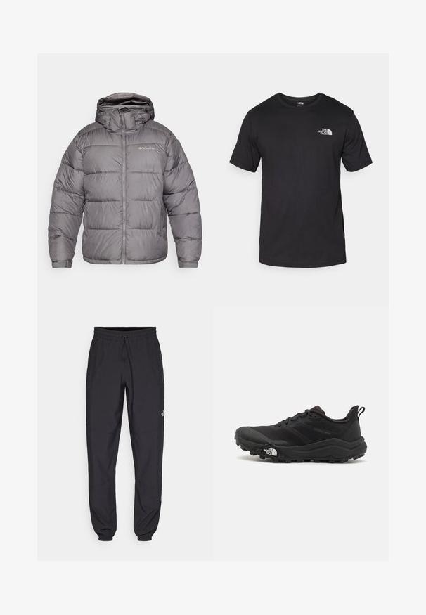Siva pufasta jakna s kapuco, z sprednjim zadrgo in stranskimi žepi. Tkanina je gladka z zdravo vzorcem in mehkim podlogo.; Črna kratko sleeved majica iz bombaža, s krožnim izrezom in majhnim belim logotipom na zgornjem levem delu prsnega koša.; Črne atletske hlače iz lahkega materiala, ki imajo elastični pas z vezalko, stranske žepe in zožene manšete na gležnjih.; Črne tekaške čevlje za trail s teksturirano zgornjega dela, gumijastim podplatom in ojačanim zaključkom prstov. Vključuje oblazinjen ovratnik in zanko za enostavno obuvanje.
