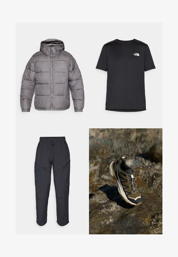 Pelēks puffers jakas ar kapuci, ar priekšējo rāvējslēdzēju un sānu kabatām. Audums ir gluds ar kvadrātveida šuvēm un mīkstu oderi.; Melnas īsām piedurknēm T-kreklas, izgatavots no viegla auduma. Uz kreisā krūtīm ir neliels balts logo un smalki plecu akcenti.; Melnas kravas bikses, izgatavotas no viegla, ūdens izturīga materiāla; ar elastīgu jostasvietu, vairākiem kabatām ar rāvējslēdzējiem un sašaurinātiem ievedumiem.; Tūrisma apavi olīvzaļā un melnā krāsā ar rozā akcentiem. Iespējas ietver teksturētu virsu, elastīgu zoli, pastiprinātu purngalu un krāsainu šņorējuma sistēmu.