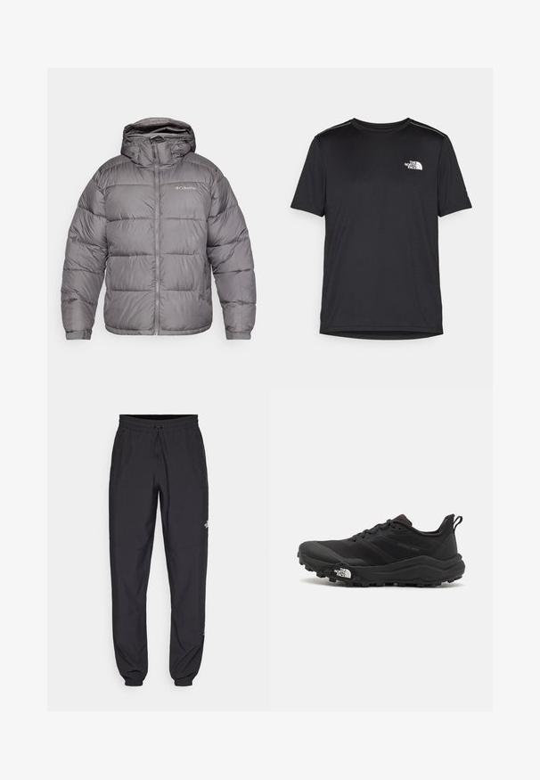 Sivý puffík s kapucňou, s predným zipsom a bočnými vreckami. Materiál je hladký s prešívaným vzorom a mäkkou podšívkou.; Čierne tričko s krátkym rukávom vyrobené z ľahkej tkaniny. Obsahuje malé biele logo na ľavej hrudi a jemné akcenty na pleciach.; Čierne športové nohavice vyrobené z ľahkej tkaniny, s elastickým pásom na šnurovanie, bočnými vreckami a zúženými manžetami na členkoch.; Čierne trailové behacie topánky s štruktúrovaným zvrškom, gumovou podrážkou a vystuženou špičkou. Obsahuje polstrovaný golier a úchyt na jednoduché obúvanie.
